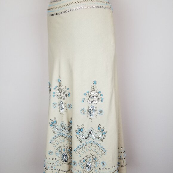Carole Little Turquoise & Silver Beaded Sequin Midi Linen Skirt Ladies Size 6 - Picture 4 of 7